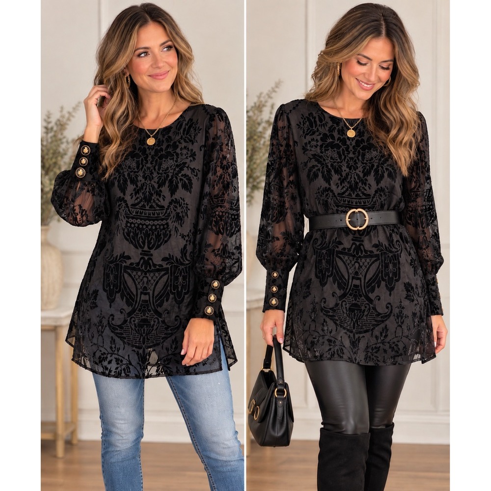 Khaadi Black Velvet Burnout Floral Tunic Top Medium Sheer Long Sleeve